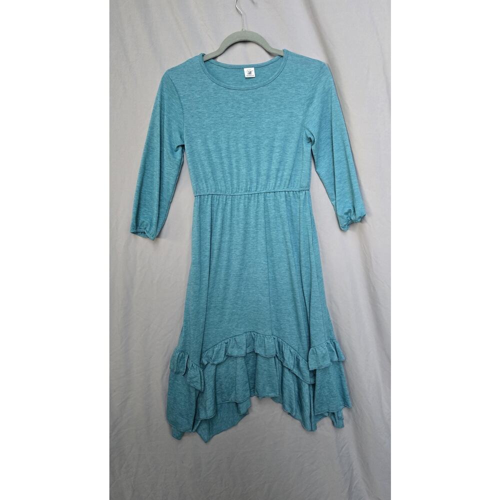 MITILLY Dress Girls 10-11Y Blue 3/4 Sleeve Ruffle Hi Low Hem Casual Fit Flare